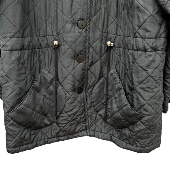 Clio Vintage Womens Black Quilted Jacket Button Front Pockets Drawstring Waist M - Picture 11 of 13